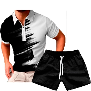 Artistic black and white 2-piece set featuring a zipper polo and black drawstring shorts
