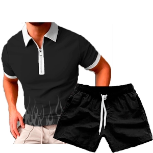 Close-up of men's polo set with white zip collar and grey flame print on hem