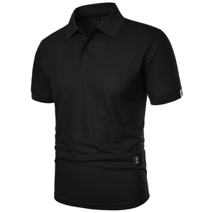 Close-up of black pique cotton polo shirt with ribbed collar and three-button placket