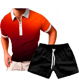 Detail of men's summer tracksuit with red gradient zipper polo and black drawstring shorts