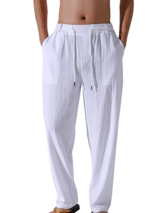 Detailed close-up of men's white linen casual pants showing elastic waist and drawstring