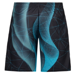 Detail of blue 3D geometric grid print on quick-dry fabric of men's summer casual shorts
