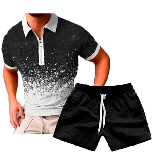 Close-up of men's summer polo shirt set with gradient 3D print and adjustable drawstring shorts