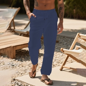 Men's navy blue breathable cotton linen casual pants with elastic drawstring waist for beach