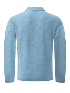 Back view of light blue waffle knit polo shirt with long sleeves and classic collar