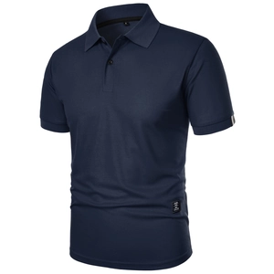 Detail of dark blue polo shirt sleeve with stripe accents and side hem fabric label