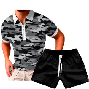 Men's summer casual set featuring gray camouflage print polo shirt and black sports shorts
