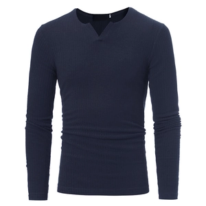T-shirt manches longues bleu marine pour hommes avec col en V et texture côtelée
