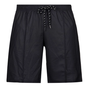 Front view of black casual sports shorts featuring elastic drawstring waistband and stitching