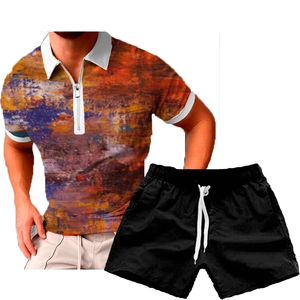 Men's summer casual two-piece set featuring a 3D abstract print polo shirt and black shorts