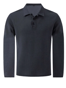 Close-up of charcoal grey waffle knit polo shirt showing textured fabric and collar detail