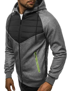 Men's casual zip-up hoodie featuring grey knit fabric and black quilted patchwork detail