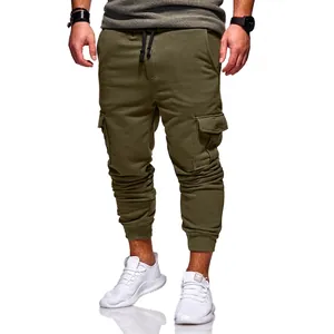 Pantalon cargo de jogging vert armée pour hommes avec cordon et poches latérales