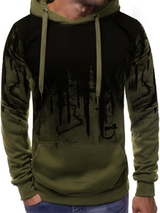 Men's army green gradient hoodie with black artistic spray paint print and front pocket