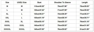 Detailed size chart for men's linen shirt showing bust and length in CM and inches