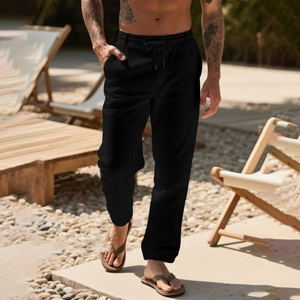 Men's casual black linen pants with drawstring waist and textured fabric for summer