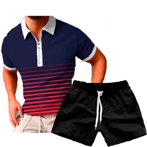 Close-up of men's summer navy zip polo shirt with red stripes and black athletic shorts