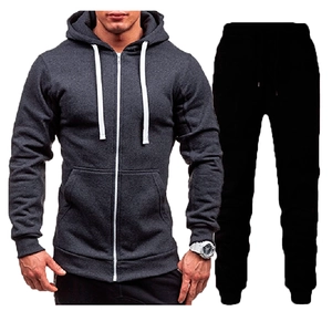 Men's casual zip-up hoodie and jogger set in dark grey and black athletic knit