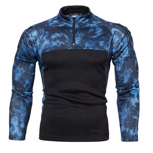 Detail of men's tactical sweatshirt with half-zipper stand collar and camo sleeves