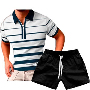 Detail of men's polo shirt with blue stripes, metal zipper collar and black drawstring shorts