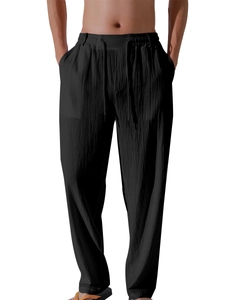 Close-up of lightweight linen pants texture with adjustable drawstring waist for men