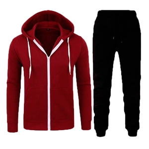 Men's casual tracksuit featuring a red zip-up hoodie and black drawstring sweatpants
