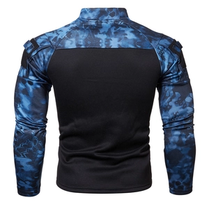Detail of tactical long sleeve shirt featuring blue python camo sleeves and velcro patches