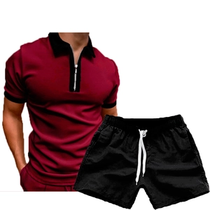 Men's two-piece set featuring burgundy zipper polo shirt and black drawstring shorts