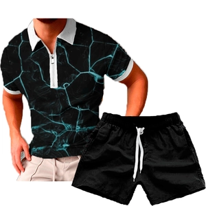 Detail view of men's summer set with blue crackle print polo shirt and black drawstring shorts