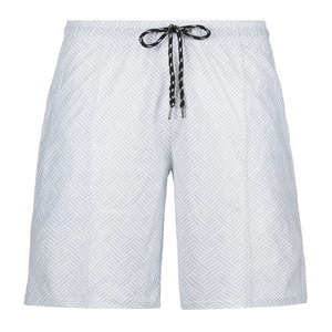 Detail of men's casual shorts showing elastic waistband and grey geometric 3D print