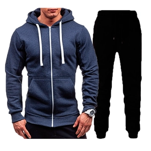 Men's casual tracksuit set featuring dark blue zip-up hoodie and black joggers pants