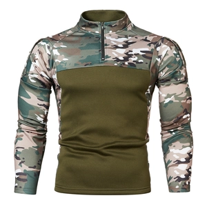 Detail of tactical camo stitching and half-zipper stand collar on men's outdoor shirt