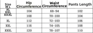 Detailed size chart for men cotton linen trousers with hip and waist measurements