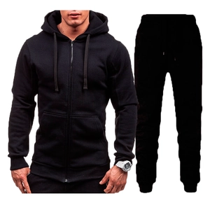 Men's solid black hooded tracksuit featuring a full-zip sweatshirt and jogger pants set