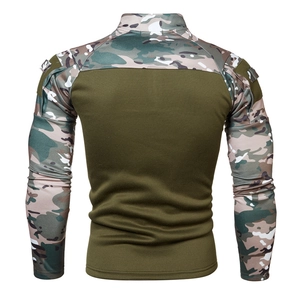Rear view detail of tactical long-sleeve shirt with multicam pattern and olive green torso