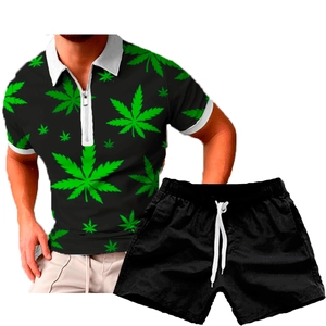 Men's summer casual set featuring 3D green leaf print polo shirt and black drawstring shorts