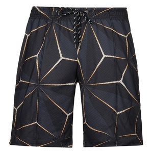 Detail view of men's casual summer shorts featuring orange geometric 3D print and drawstring