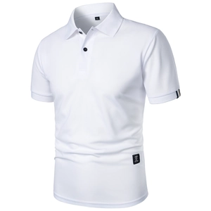 Close-up of white cotton polo shirt with classic collar, size M tag and sleeve detail