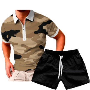 Detail of summer men's camo polo shirt with zipper collar and matching black drawstring shorts