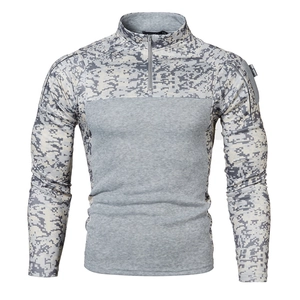 Detail of grey tactical sweatshirt showing digital camo sleeves and half-zip stand collar