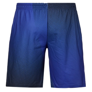 Close-up of men's summer shorts showing dark blue breathable fabric and geometric texture
