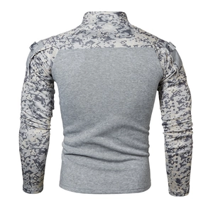 Detail view of military camo tactical sweatshirt with stand collar and functional arm pockets