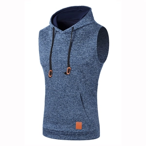 Men's slim fit hooded knit vest in navy blue marl texture with leather details