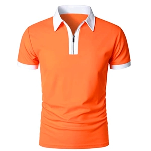 Detail of slim-fit orange Polo shirt featuring a metal zipper collar and contrast edges