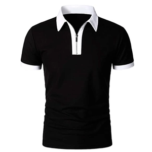 Detail of slim fit men's polo shirt featuring a modern zipper collar and contrast trim