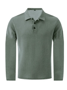 Men's sage green waffle knit long sleeve polo shirt with classic three-button collar