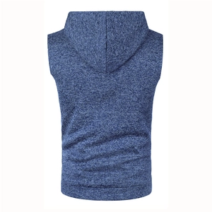 Back view of a heather blue hooded knit vest for men featuring textured marl fabric