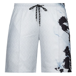 Detail of men's summer casual shorts with 3D print marble pattern and drawstring
