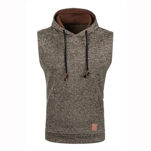 Detail showing the coffee-gray knit texture and kangaroo pocket on a men's hooded vest