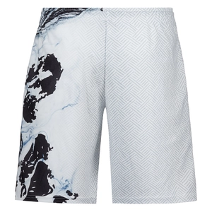 Detail view of quick-dry men's summer shorts with 3D black ink print and geometric texture